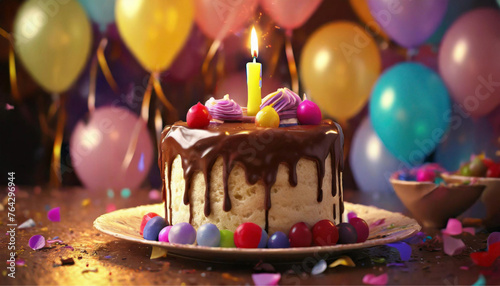 Um bolo de aniversário, cobertura de chocolate, com vela acesa e balões coloridos ao fundo. 