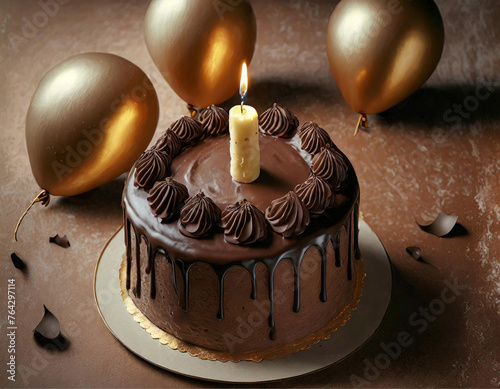 Um bolo de chocolate com uma vela acesa, sobre uma mesa decorada para festa, com balões dourados ao redor.
