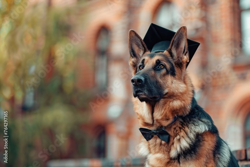 Cute german shepherd dog wearing graduation gown on blurred school building background