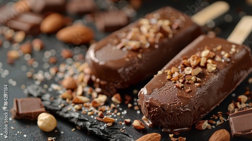 Delicious chocolate ice cream bars on a stick, dipped and garnished with nuts