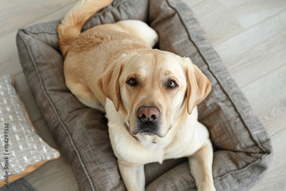 Top view of adorable labrador dog lying on soft dog bed in home interior Top view of adorable labrador dog lying on soft dog bed in home interior