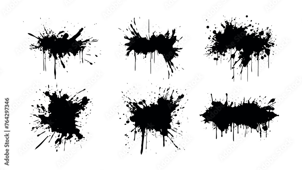 Set of black grunge splash isolated on white background. High quality manually traced. Grunge distress calligraphy ink stains. Black ink blow explosion. Splatter grunge set. Vector Set of black grunge splash isolated on white background. High quality manually traced. Grunge distress calligraphy ink stains. Black ink blow explosion. Splatter grunge set. Vector