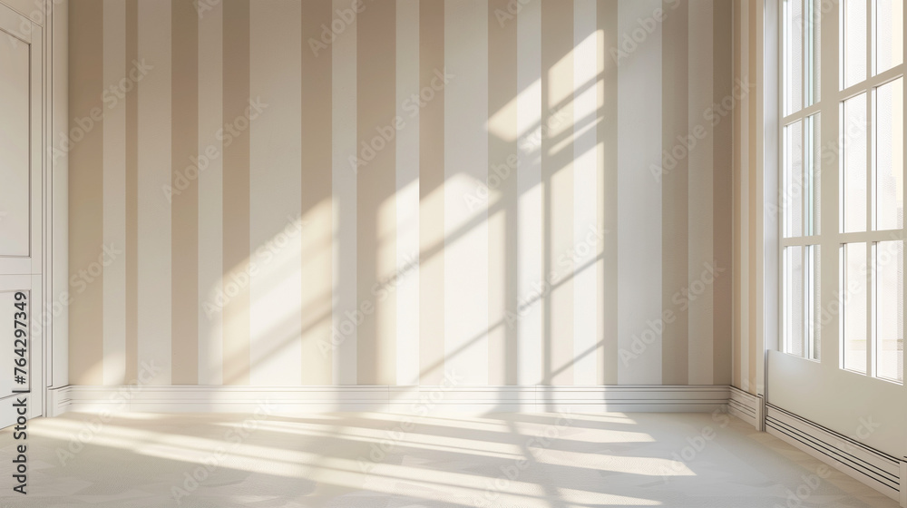 Fototapeta premium Wide shot of a room with walls decorated in elegant vertical stripes, with natural light from a window 