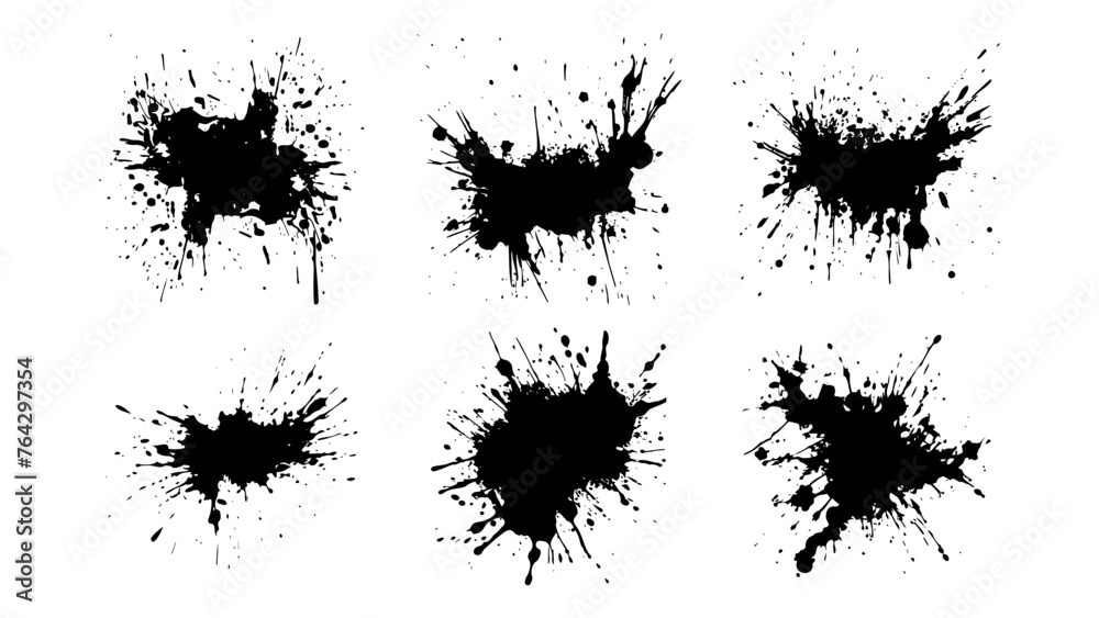 Set of black grunge splash isolated on white background. High quality manually traced. Grunge distress calligraphy ink stains. Black ink blow explosion. Splatter grunge set. Vector