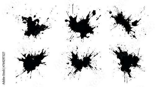 Set of black grunge splash isolated on white background. High quality manually traced. Grunge distress calligraphy ink stains. Black ink blow explosion. Splatter grunge set. Vector