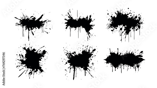 Set of black grunge splash isolated on white background. High quality manually traced. Grunge distress calligraphy ink stains. Black ink blow explosion. Splatter grunge set. Vector