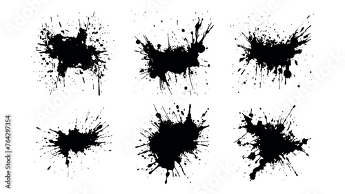 Set of black grunge splash isolated on white background. High quality manually traced. Grunge distress calligraphy ink stains. Black ink blow explosion. Splatter grunge set. Vector