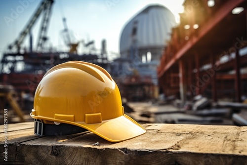 Safety First: A Vivid Yellow Hard Hat Positioned on a Rough Wooden Surface with an Industrial Scene Unfolding Behind