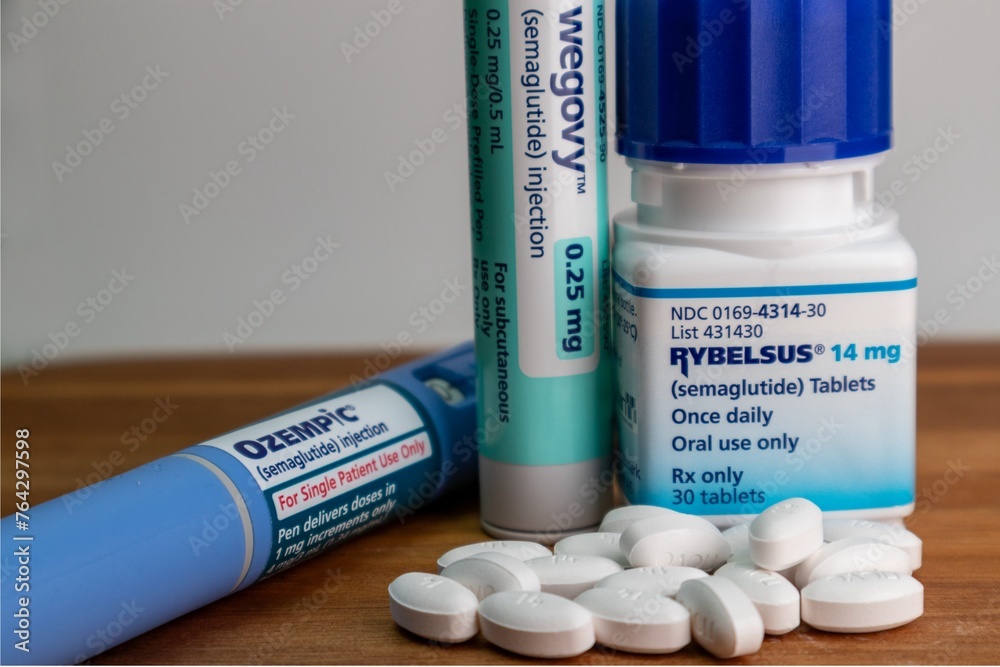 Ozempic, Wegovy and Rybelsus semaglutide medications close up Stock