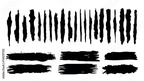 Paint roller, brush stroke distress overlay texture set. Dirty isolated basis. Grunge design element Artistic messy banner background collection. Vector the free brush trail is black 