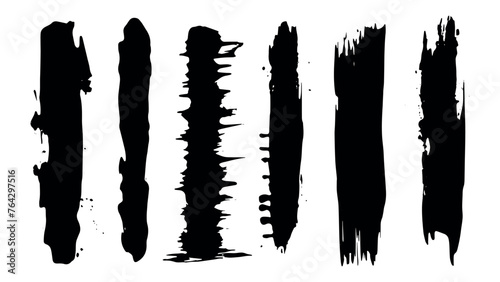 Paint roller, brush stroke distress overlay texture set. Dirty isolated basis. Grunge design element Artistic messy banner background collection. Vector the free brush trail is black 