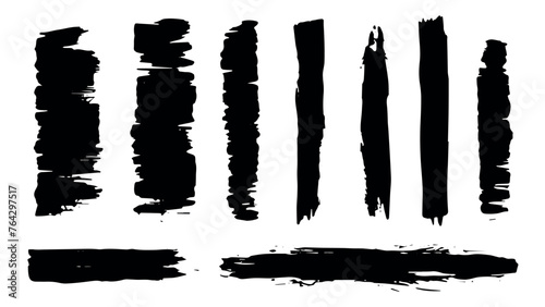 Paint roller, brush stroke distress overlay texture set. Dirty isolated basis. Grunge design element Artistic messy banner background collection. Vector the free brush trail is black 