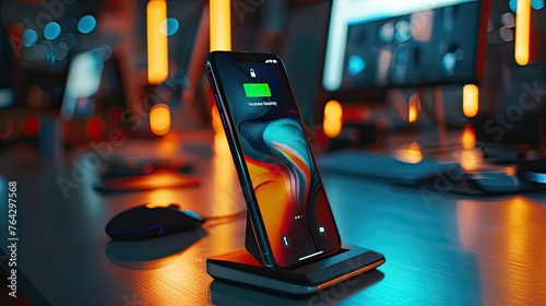 Sleek modern phone charging stand on stylish office desk at night. The scene is a close-up showing the intricate design and details of the phone against soft ambient lighting.