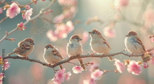 A group of cute little birds perched on the branch, with pink flowers in the spring background Generative AI © SKIMP Art