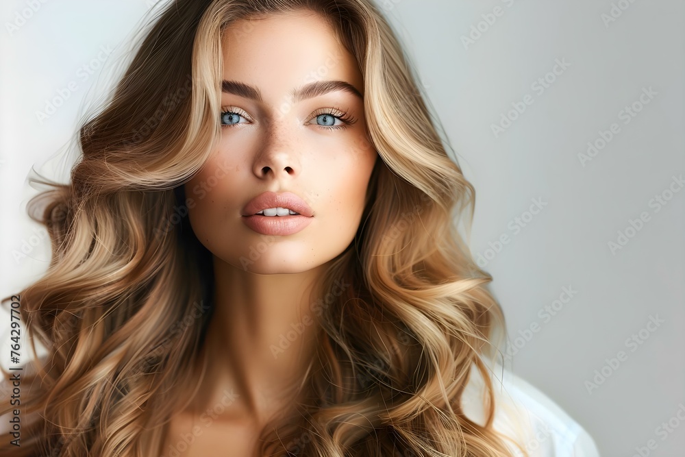 Naklejka premium Woman with Balayage Hairstyle Against White Background. Concept Hair Color, Balayage, Hairstyle, White Background, Woman