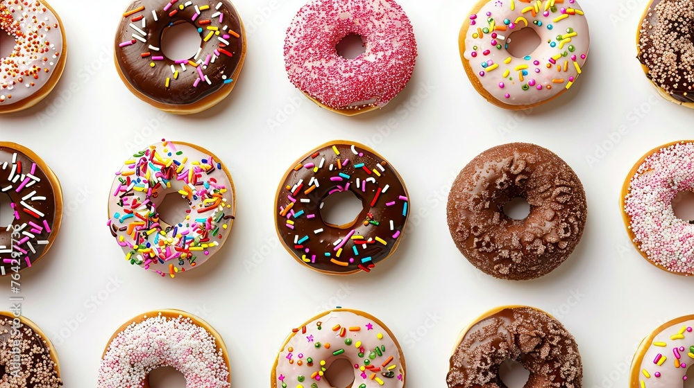 donuts with sprinkles on white background, top view, copy space concept.