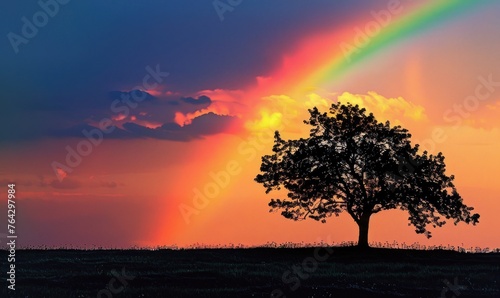 Colorful rainbow after spring rain, rainbow on dark cloudy sky