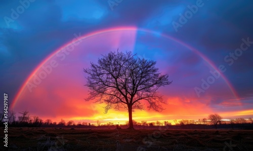 Colorful rainbow after spring rain, rainbow on dark cloudy sky