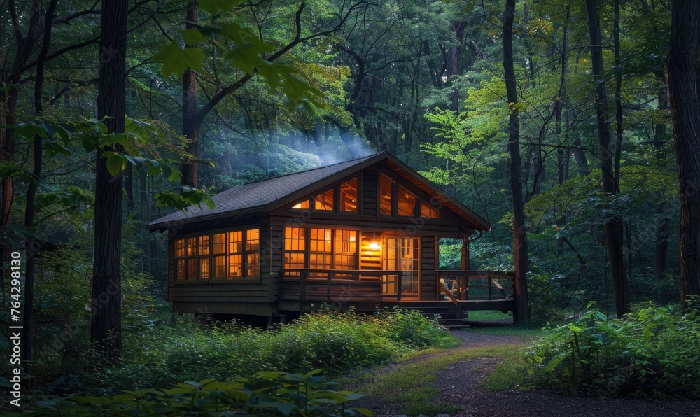 Evening glow illuminating the facade of a stylish wooden cabin nestled among blooming azaleas and rhododendrons in a spring garden Evening glow illuminating the facade of a stylish wooden cabin nestled among blooming azaleas and rhododendrons in a spring garden