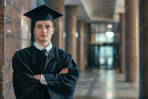 Happy male graduate student in graduation gown and cap standing on a college campus
