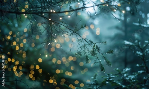 Ethereal bokeh lights diffusing through mist in a mystical woodland  nature background