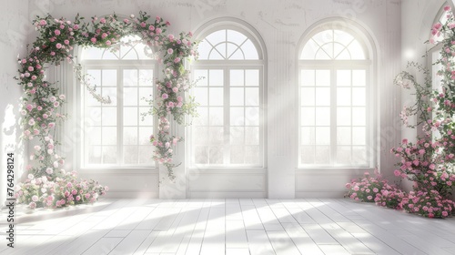 White room with arched windows, decorated with floral arrangements and delicate pink flowers in a romantic style. Light wood planks covering the floor create warm tones.