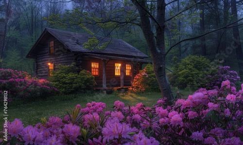 Evening glow illuminating the facade of a stylish wooden cabin nestled among blooming azaleas and rhododendrons in a spring garden