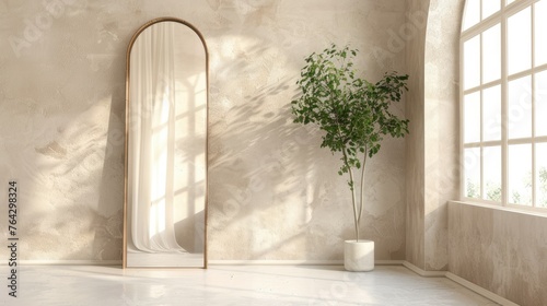 Minimalist modern light wood mirror standing against an empty wall with an arched window, with textured beige plaster and a small plant next to it. The room is flooded with sunlight