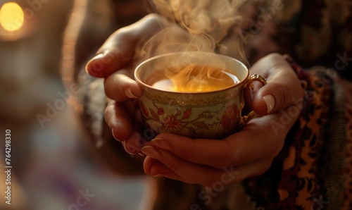 Hands holding a cup of steaming tea, close up view