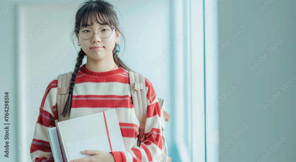 A cute   asian student in striped sweatshirt with glasses holds textbooks and looks into the camera, light backdrop