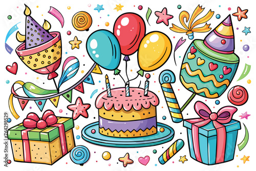 Birthday doodle icon element. Hand drawn sketch doodle birthday cake  balloon  event decoration element. Party  carnival celebration concept background. Vector illustration