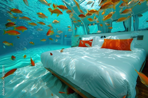 Serene underwater bedroom experience.