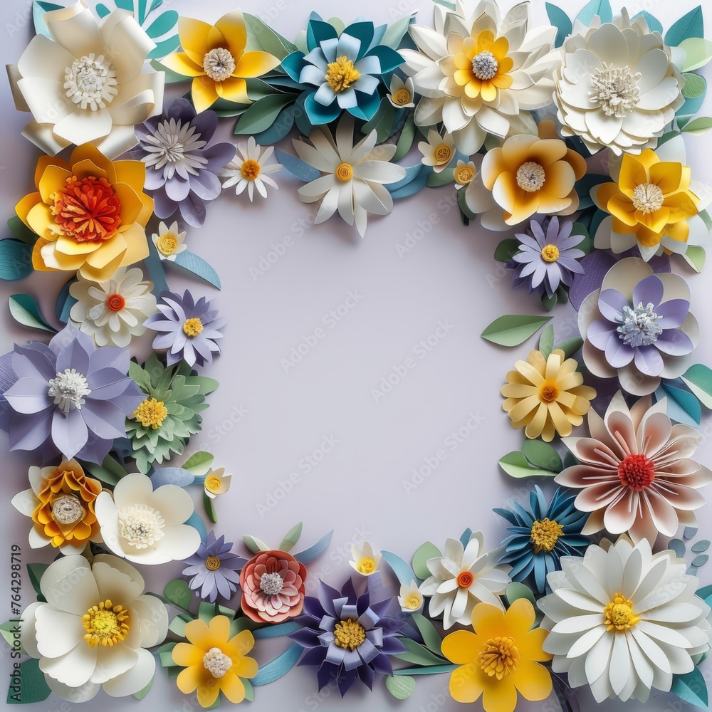 composition of paper flowers style in various colors form a frame with an empty space in the middle,