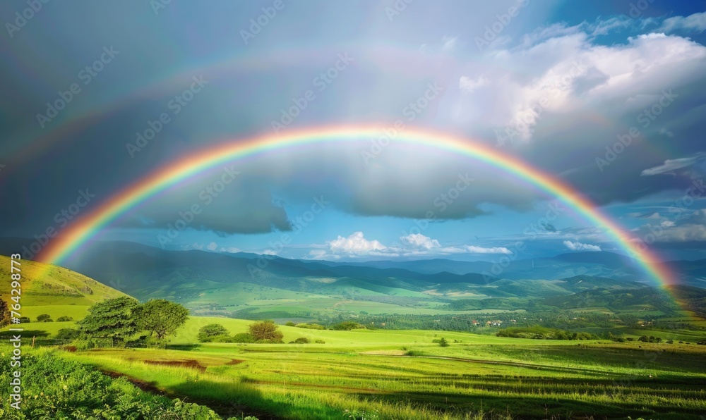 Obraz premium Rainbow over a countryside landscape