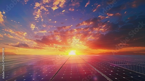 Large field of photovoltaic solar panels under a blue sky with beautiful clouds at sunset and mountains in the background. The sun sets behind the solar panels, casting long shadows.
