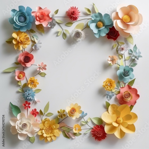 composition of paper flowers style in various colors form a frame with an empty space in the middle 