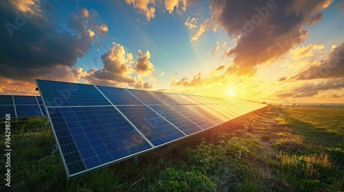 Wallpaper Mural Large field of photovoltaic solar panels under a blue sky with beautiful clouds at sunset and mountains in the background. The sun sets behind the solar panels, casting long shadows. Torontodigital.ca