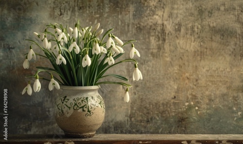 Snowdrops bouquet in a vintage vase