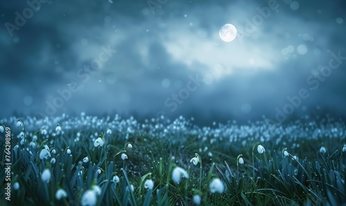 Snowdrops in a meadow under the moonlight