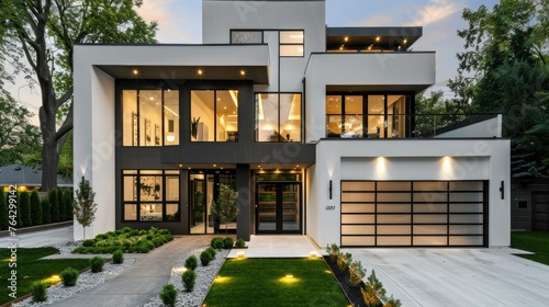 Modern two story architectural style home, white and black exterior with large windows, glass paneled garage door, concrete driveway, yard lanterns, evening lighting.