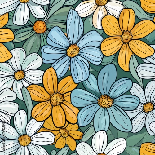 Seamless pattern with white  yellow  rose and blue  flowers on a green background. Pastel colors