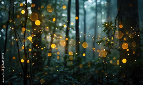 Subtle bokeh lights creating an enchanting atmosphere in a mystical forest