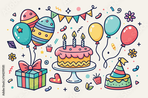 Birthday doodle icon element. Hand drawn sketch doodle birthday cake  balloon  event decoration element. Party  carnival celebration concept background. Vector illustration