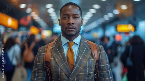 In a busy airport terminal, a man in a stylish suit stands out from the throngs of travelers. business travel