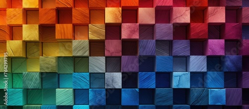 A detailed view of a colorful wall featuring numerous squares in varying shades, creating a lively and dynamic visual.