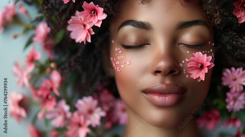 a beautiful black african american woman in a spa taking a face treatment, beautiful pink flowers a beautiful black african american woman in a spa taking a face treatment, beautiful pink flowers