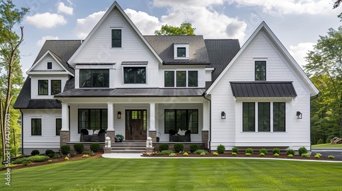 A transitional farmhouse exterior design featuring darker roofing materials that provide an eye-catching accent to the white-painted walls. photo