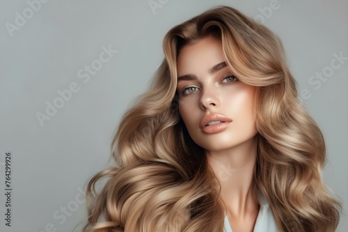 Woman With Balayage Hair On light gray Background. Concept Hair Color, Balayage, Gray Background, Portrait, Beauty