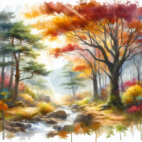 watercolor painting of fall colored tree, fall landscape painting © XIAOBING