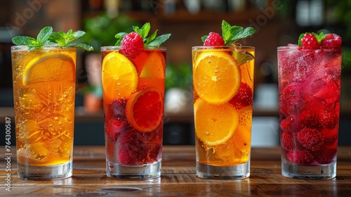 A row of glasses filled with different types of fruit drinks.  